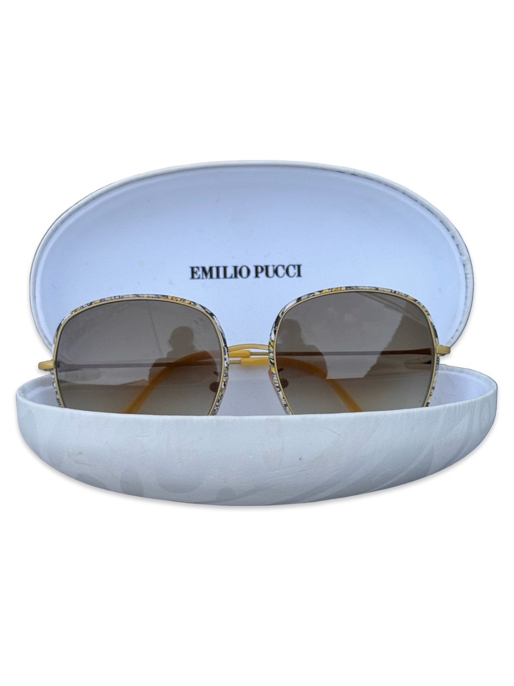 Emilio Pucci sunglasses with a yellow frame, lilac gradient lenses, and a patter